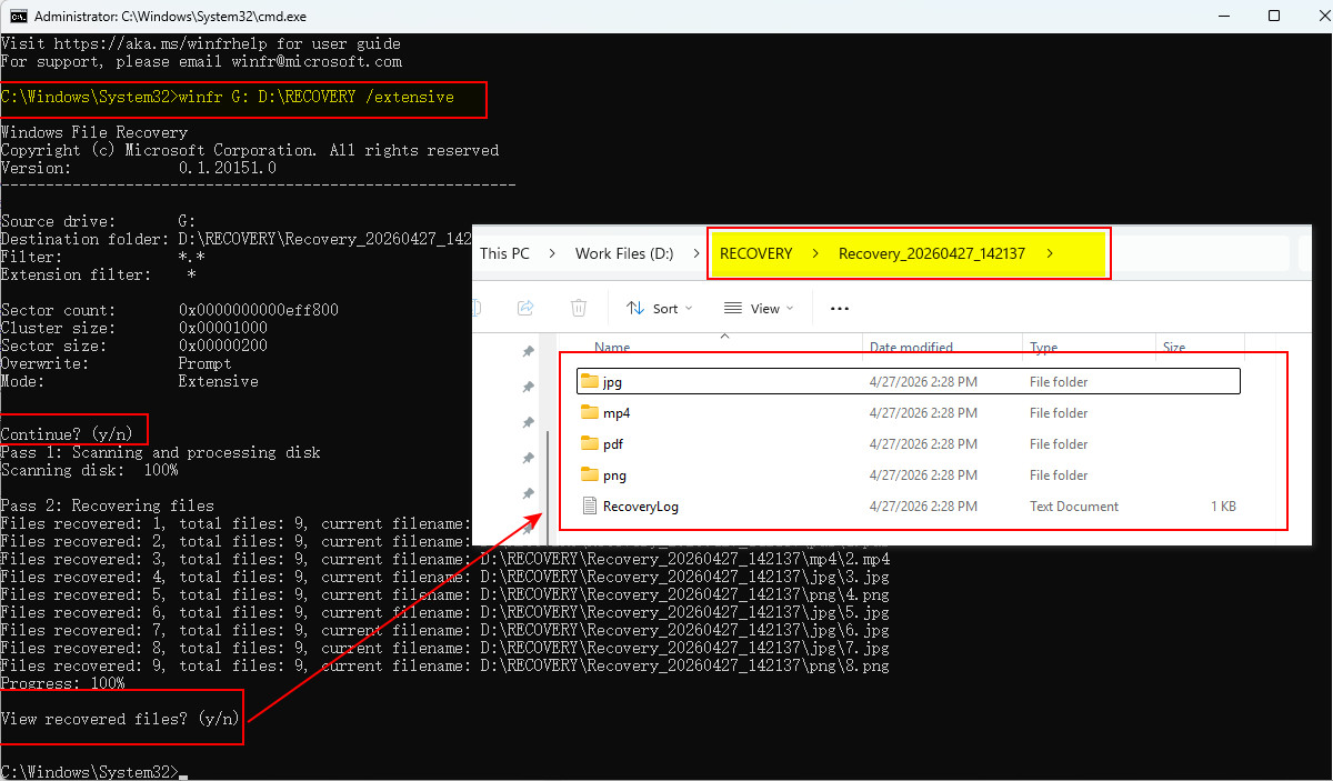 Windows File Recovery récupération d’une clé USB formatée