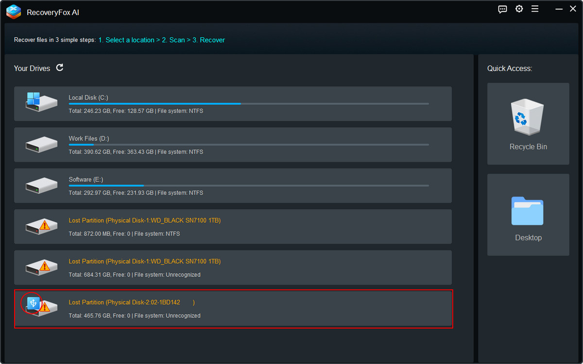 Sélectionner le disque dur RAW dans la liste des lecteurs de RecoveryFox AI