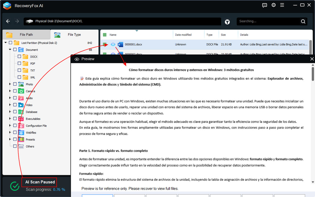 Prévisualiser les fichiers documents récupérables