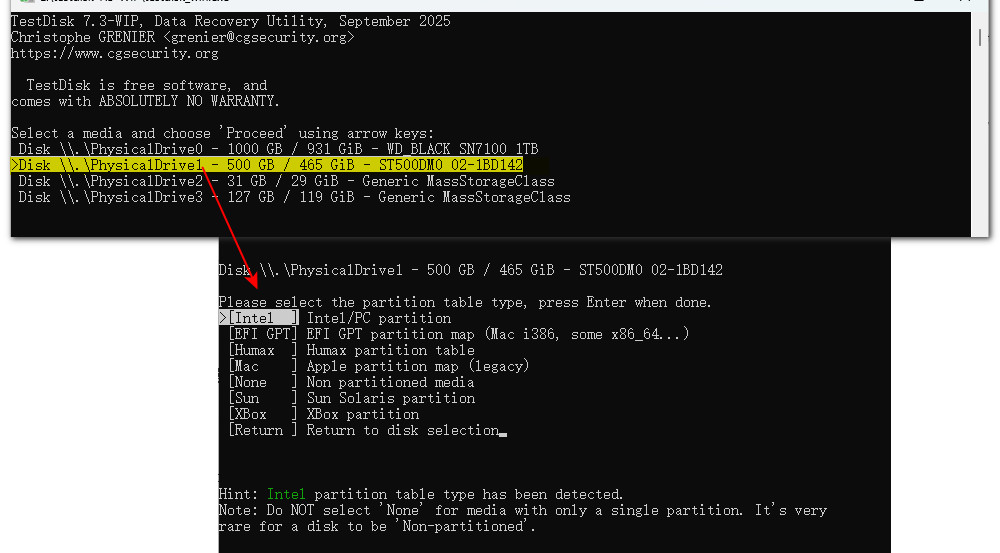 Choisir la table de partitions pour votre disque RAW