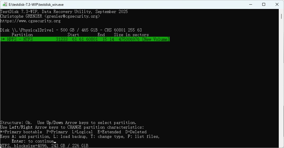 TestDisk effectue une recherche rapide de toutes les partitions