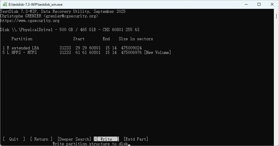 TestDisk écrit la structure de partition sur le disque