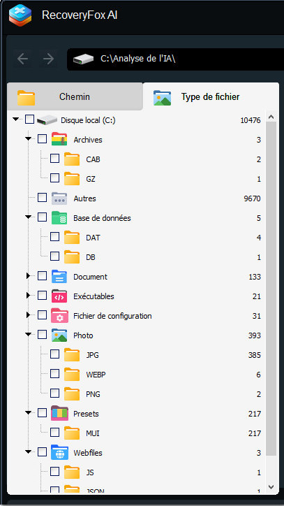 Filtrer les fichiers par type ou format