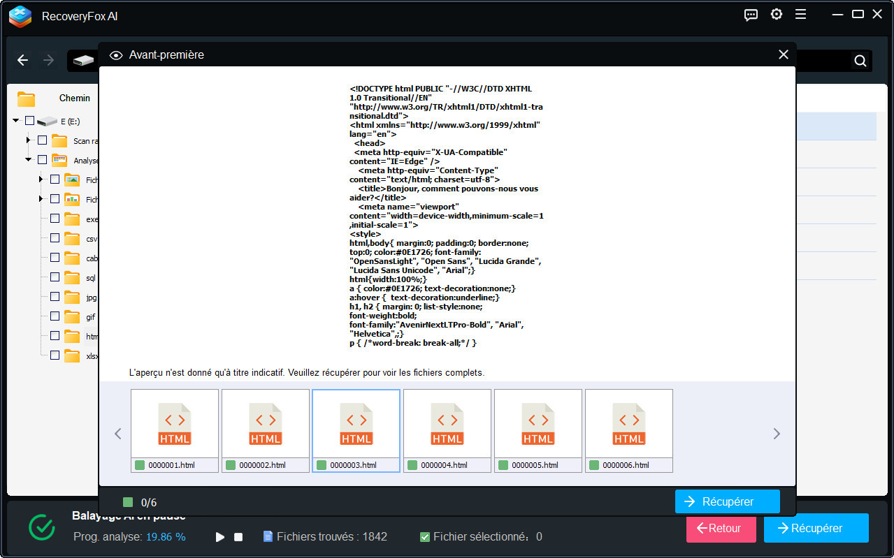 RecoveryFox AI Prévisualisation de fichiers web