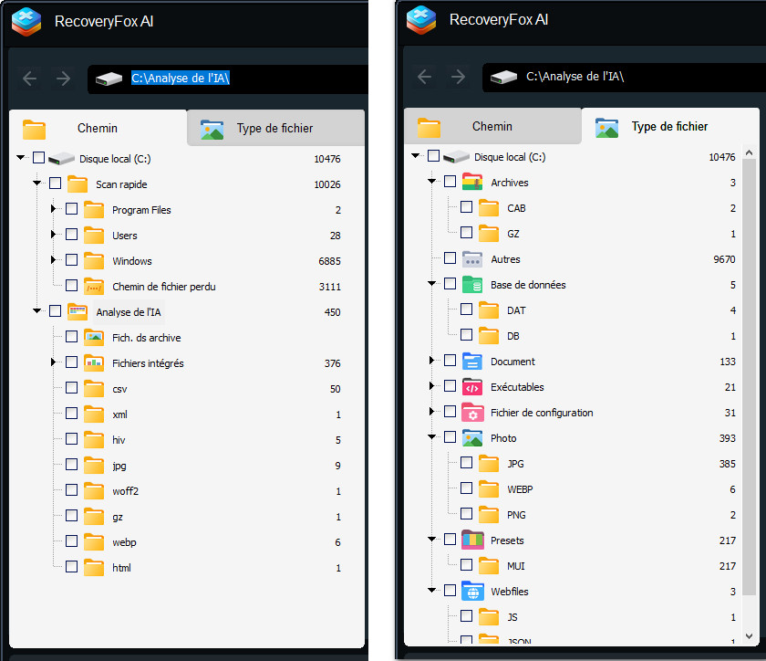 Menu des résultats d’analyse RecoveryFox AI