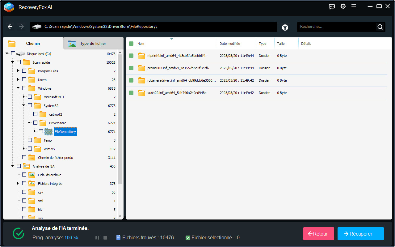 Menu Chemin d’accès RecoveryFox AI