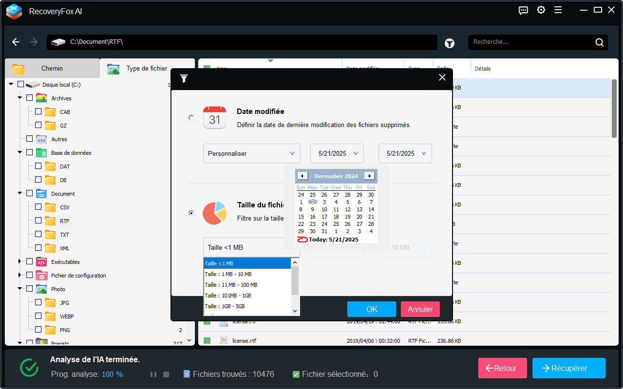 Options de filtrage RecoveryFox AI