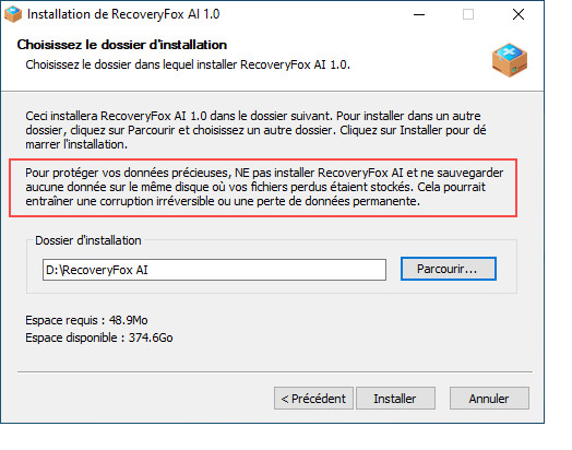Avertissement d'installation