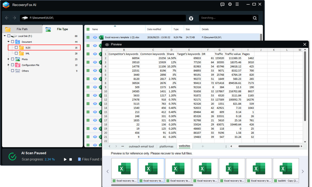 Prévisualiser les fichiers Excel récupérables