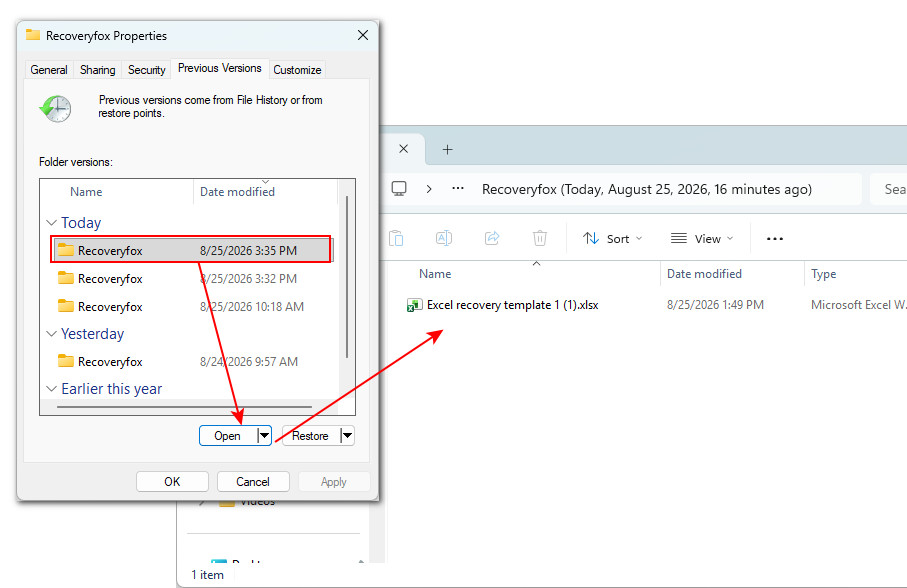 Récupérer un fichier Excel à partir des versions précédentes