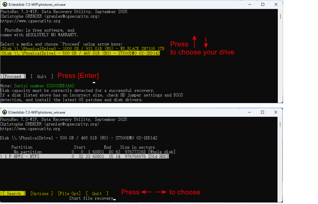 Paramètres récupération QPhotoRec