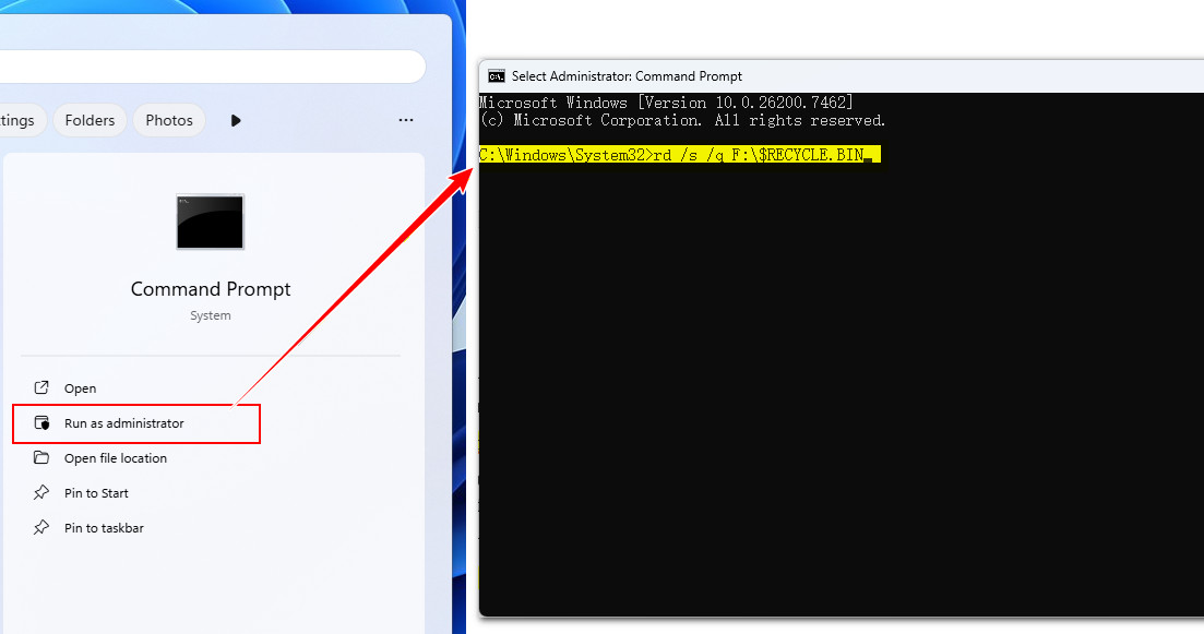 Vider la corbeille via l’invite de commandes