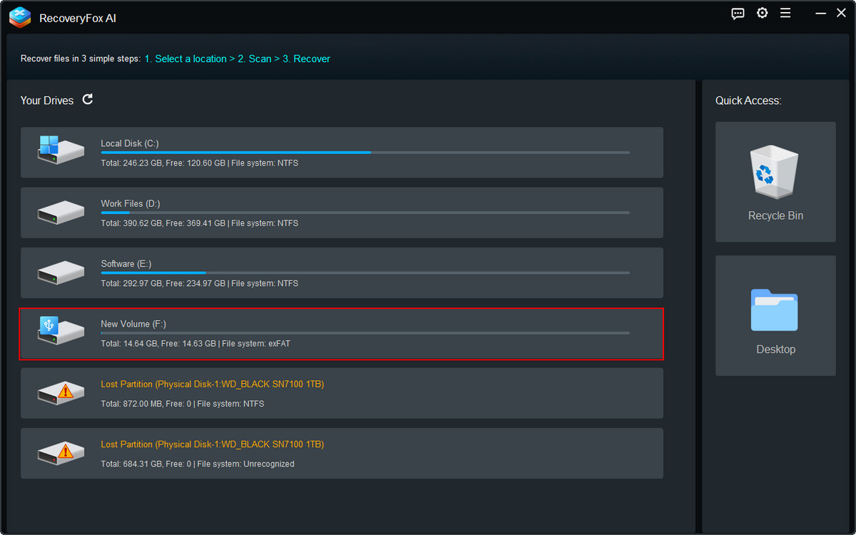 Interface de démarrage de RecoveryFox AI avec la liste des lecteurs