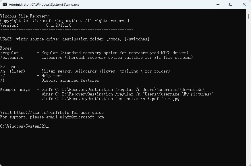 Fenêtre de commande de Windows File Recovery
