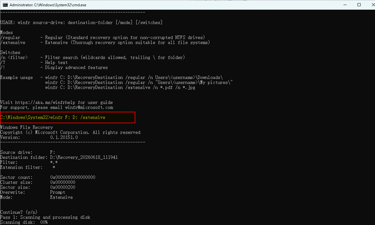 Windows File Recovery commence à récupérer les fichiers depuis une clé USB