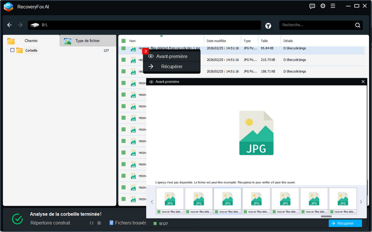 Aperçu et récupération des fichiers de la corbeille