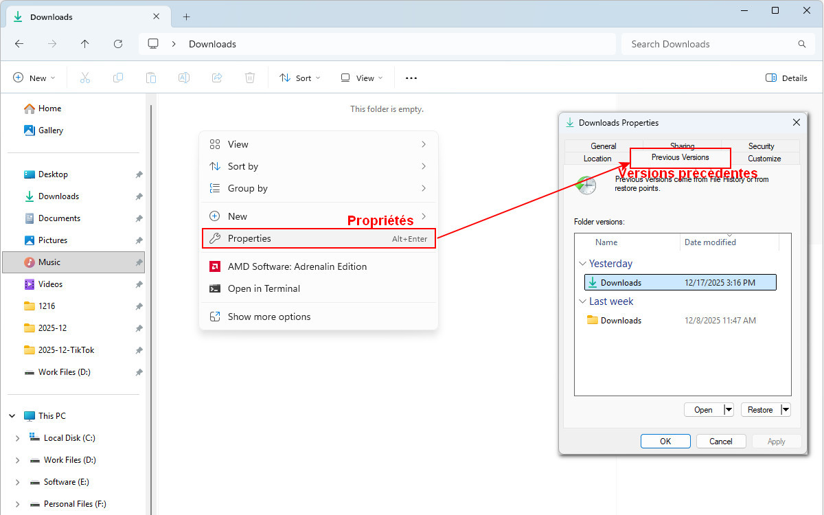 Ouvrir les versions précédentes