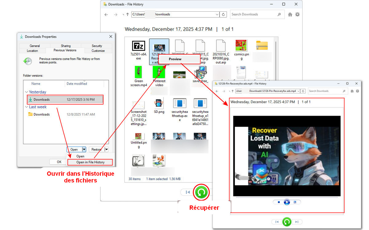 Ouvrir les versions précédentes sélectionnées