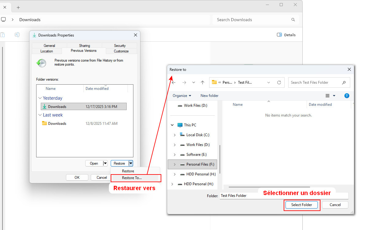 Restaurer la corbeille vidée à partir des versions précédentes